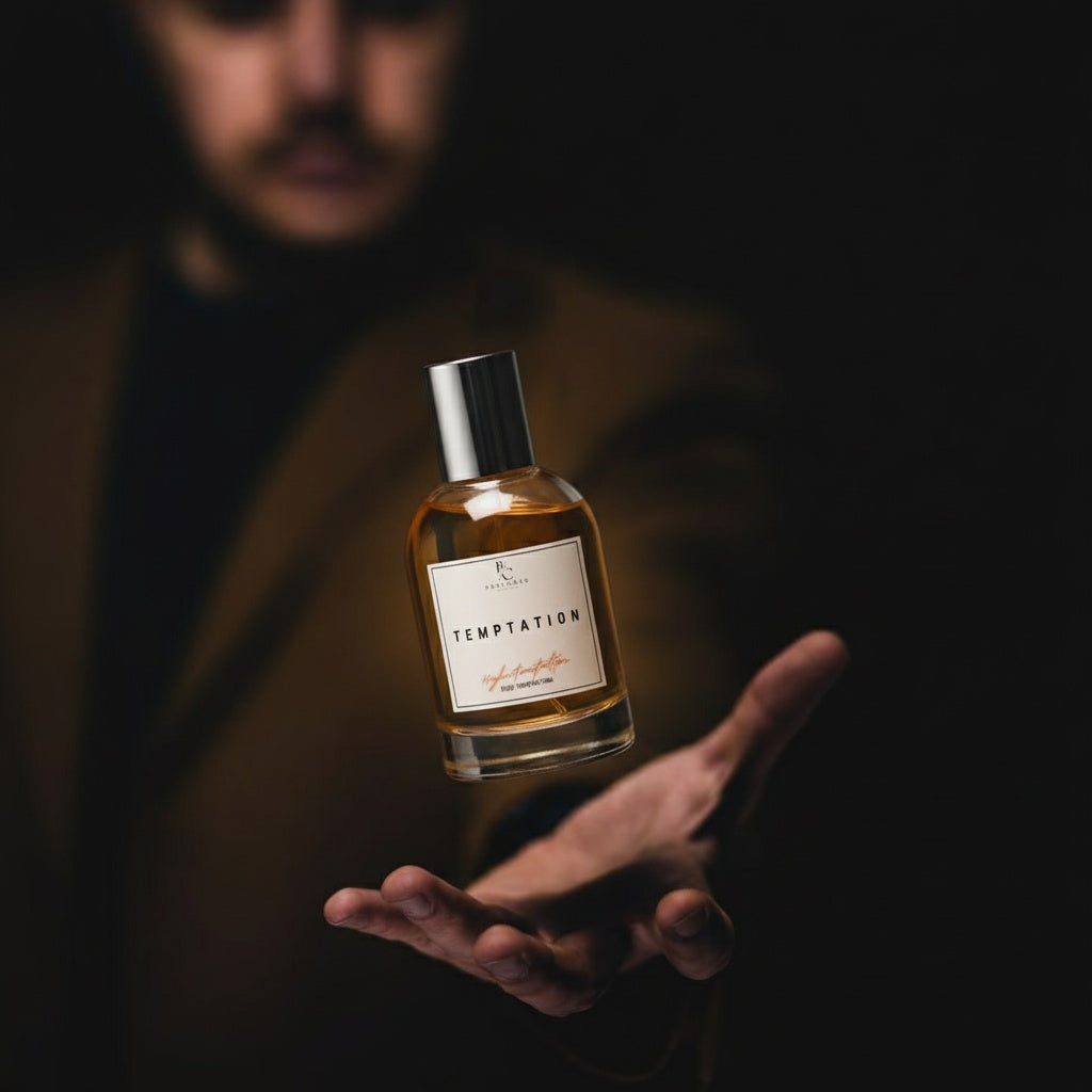 TEMPTATION - Inspired by LV Ombre Nomade fragrance bottle floating above a hand in a dark setting.