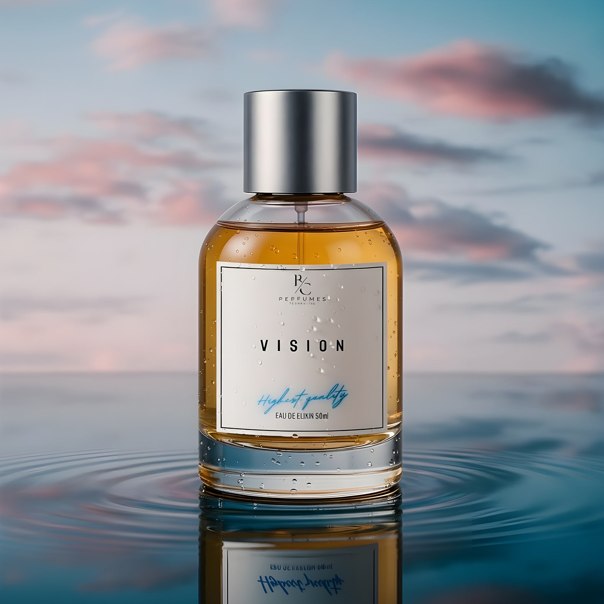 VISION - Inspired by LV Imagination fragrance bottle on tranquil water background with sunset hues.