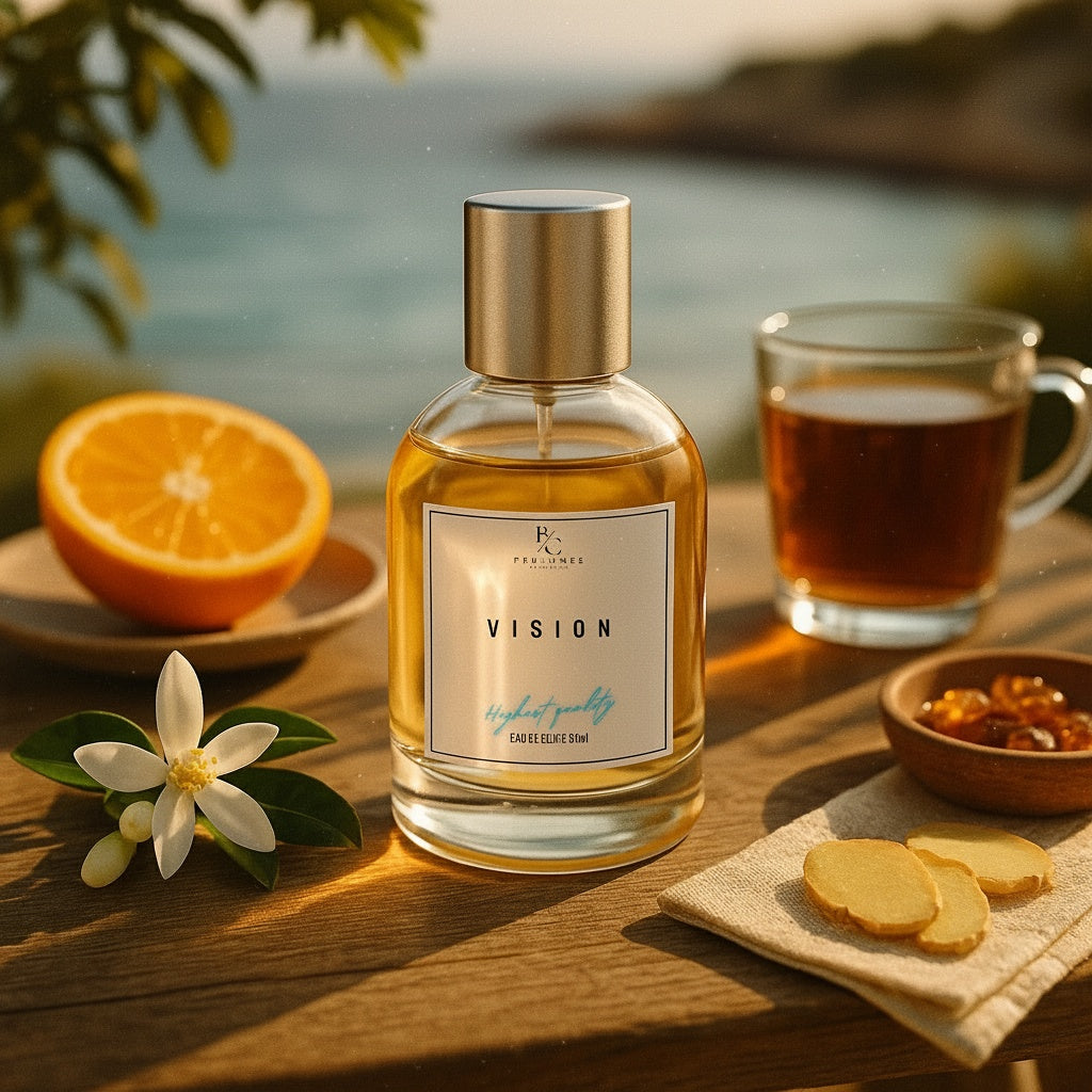 VISION - Inspired by LV Imagination fragrance bottle with citrus fruits and tea, set in a serene outdoor scene.
