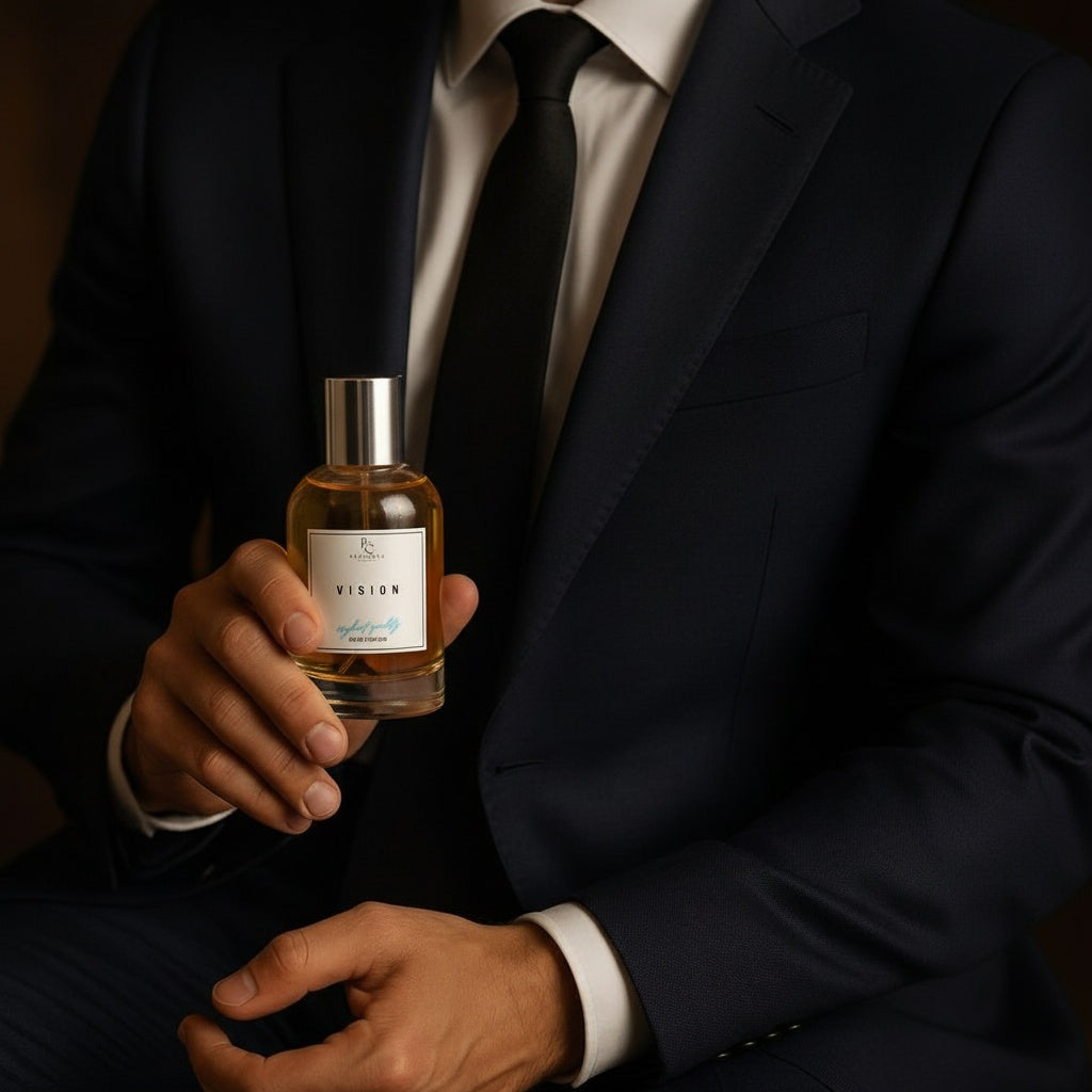 A man in a suit holding a bottle of VISION - Inspired by LV Imagination fragrance.